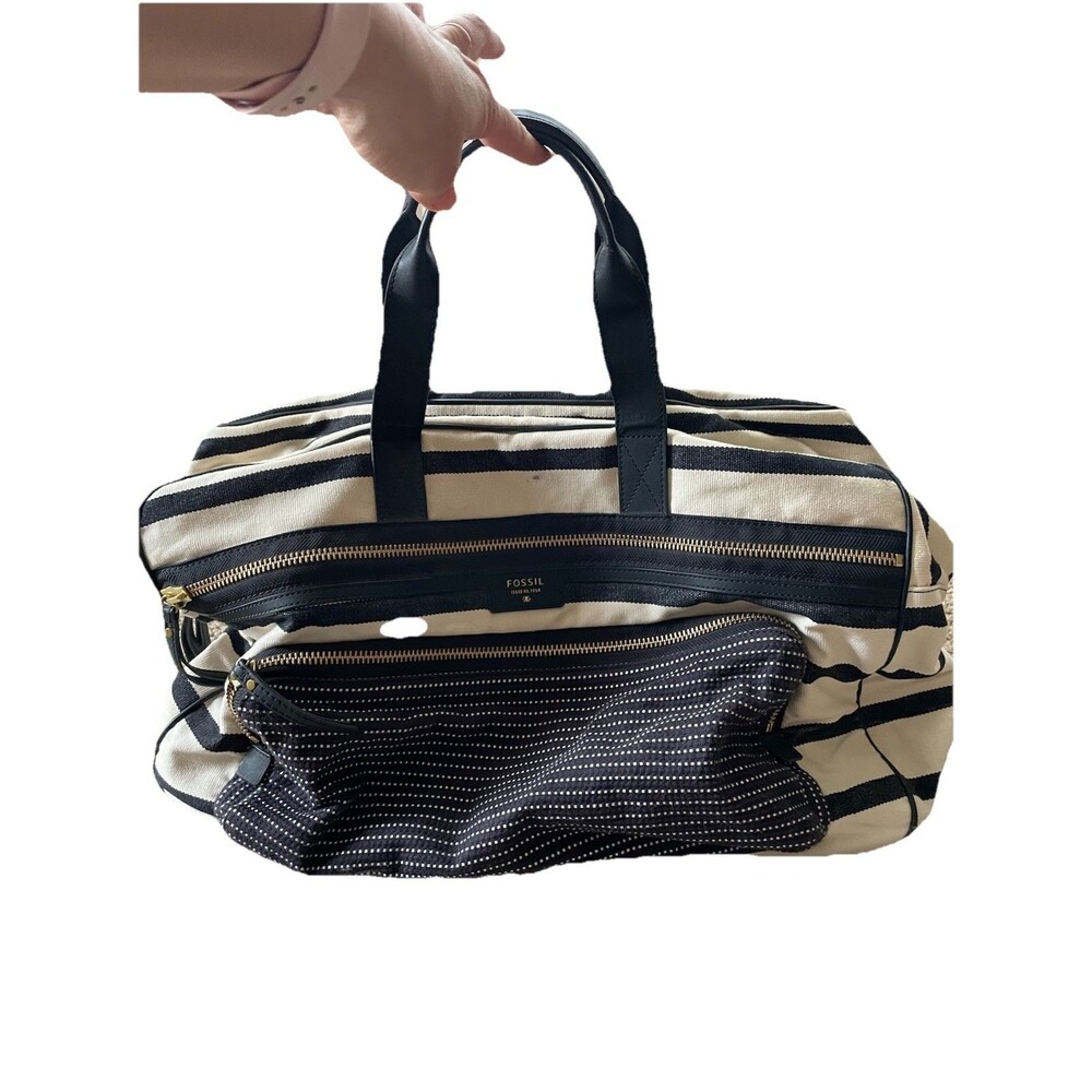 Fossil Canvas Weekender Bag Black White Stripes Zip Pocket Handles Travel Bag